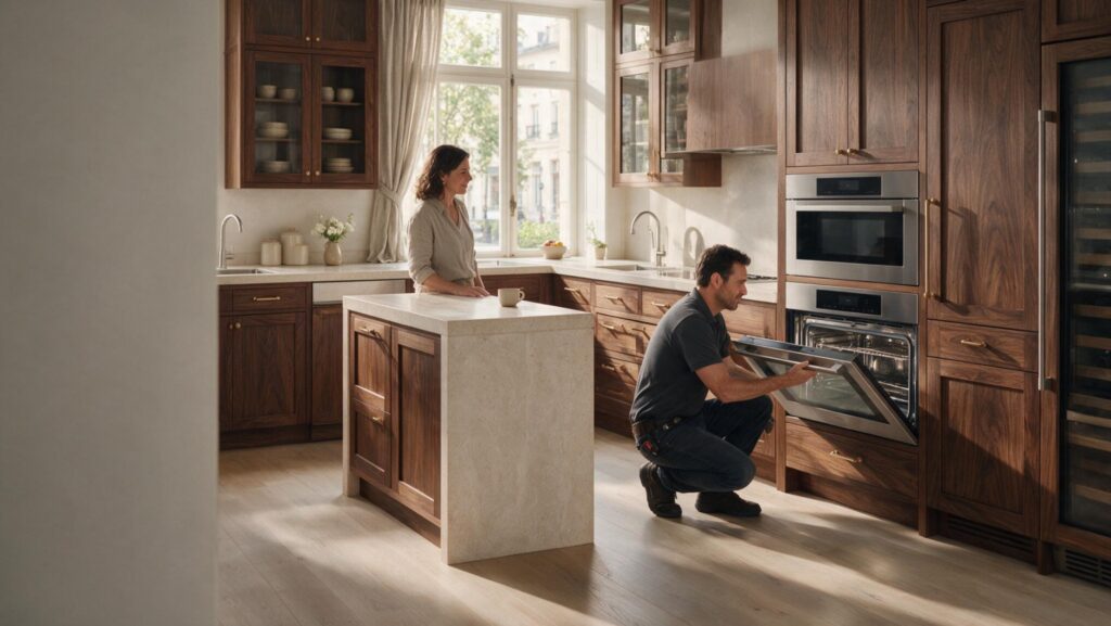 Independent technician inspecting a kitchen oven during a service visit
